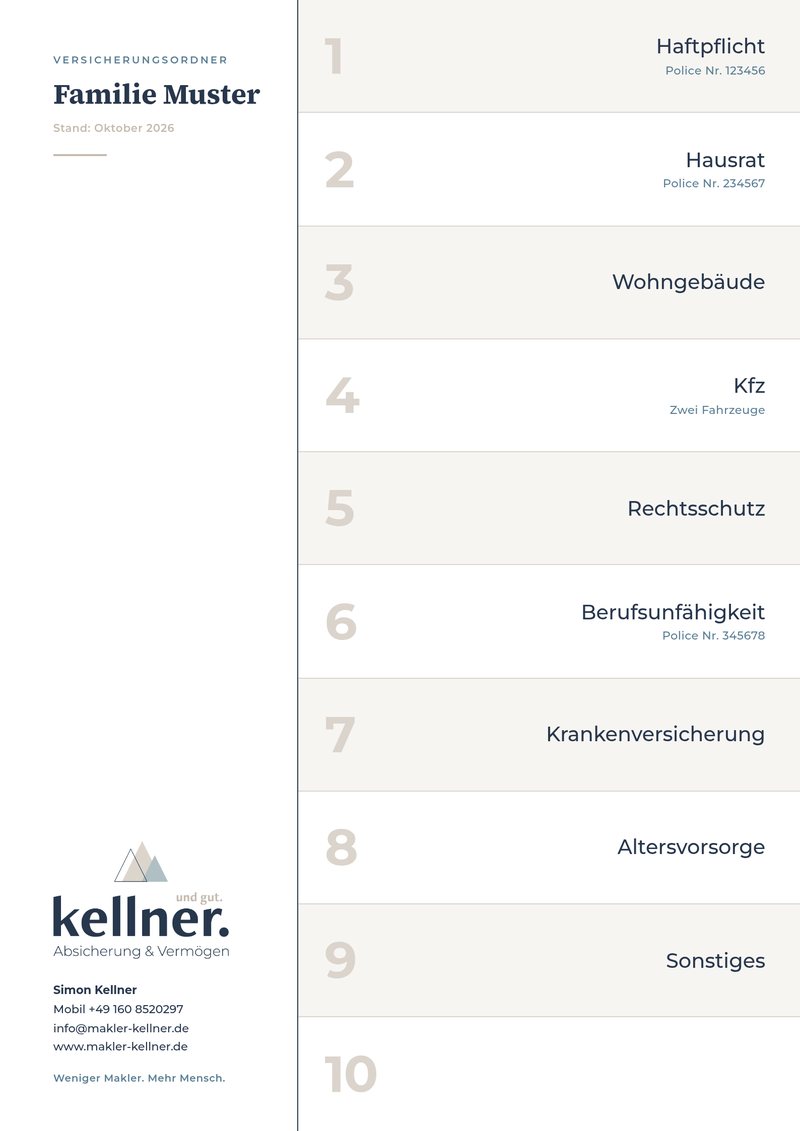 Vorschau: DIN-A4-Deckblatt mit Register von 1 bis 10, links Name und Kontaktdaten, rechts die beschrifteten Registerzeilen (Beispieltext).